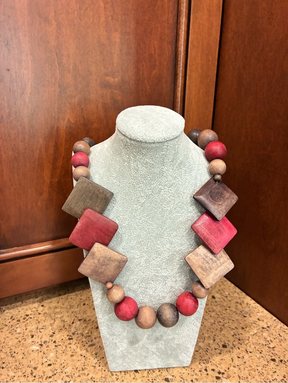 Wood Bead Statement Necklace Red Brown Geometric Boho Artisan 15”